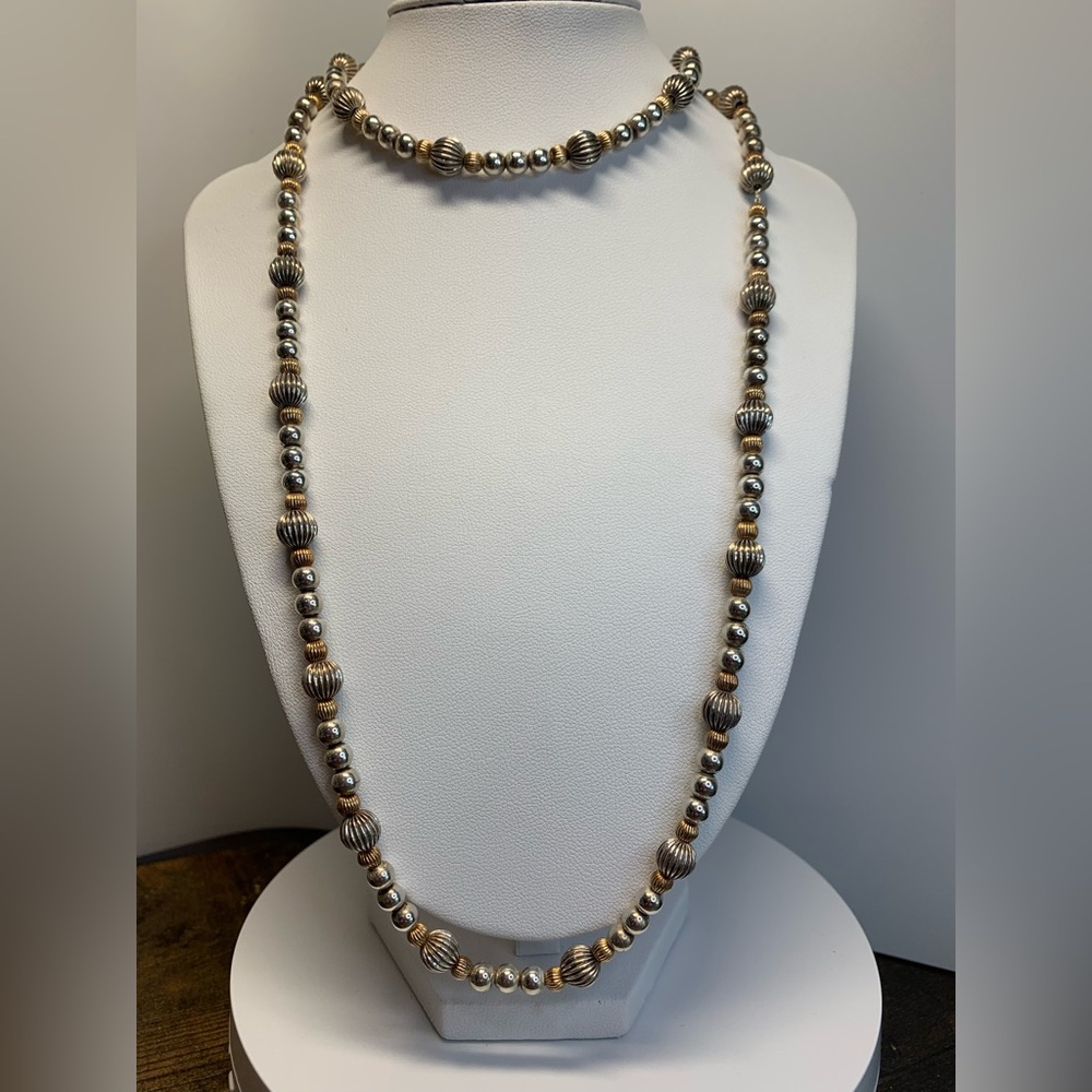 Vintage Dobbs Sterling Silver Two-Tone Corrugated & Smooth Bead Necklace 30”